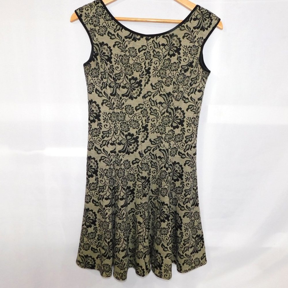 Maggie London Sleeveless Black Beige overlay look Pattern Dress Womens 2